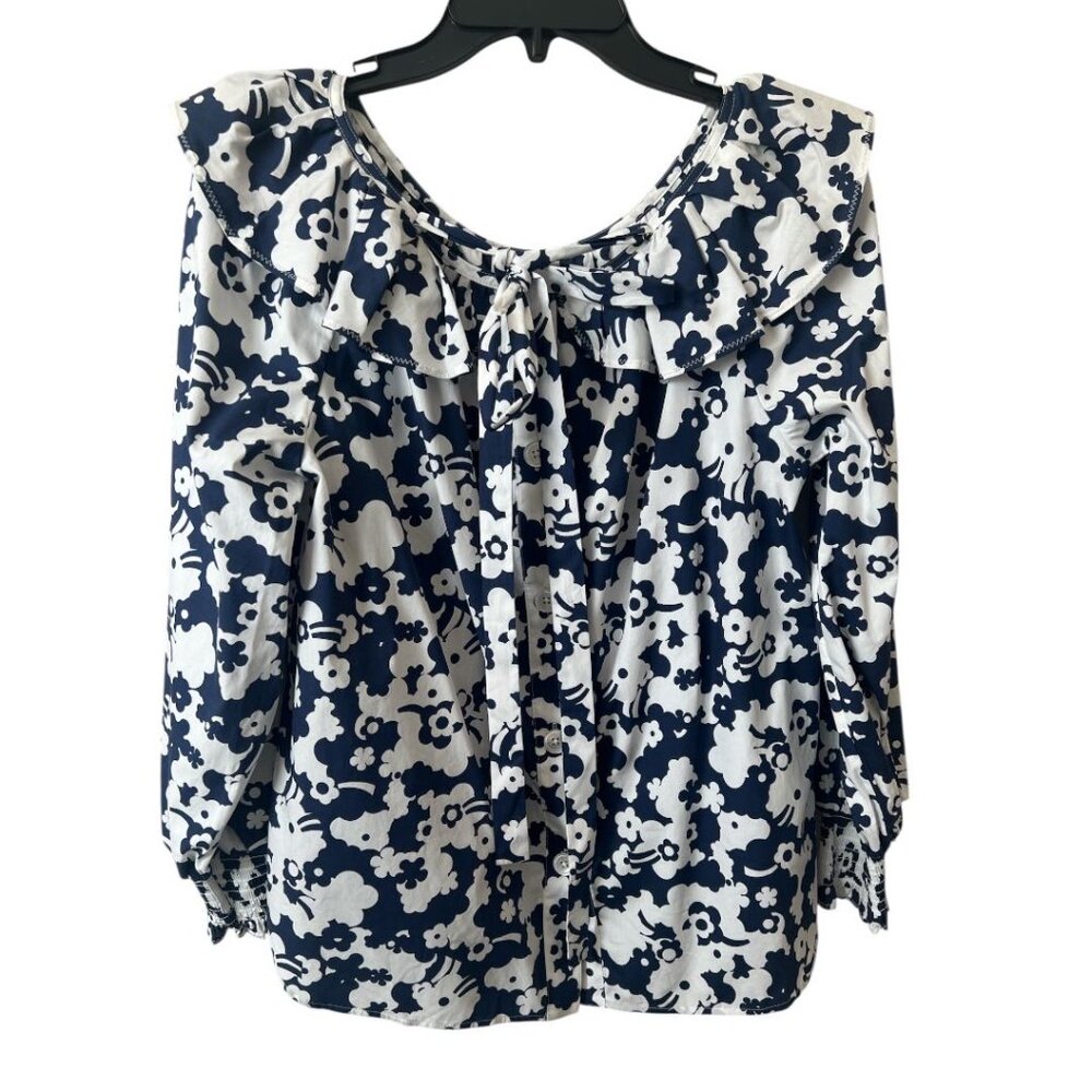 NWT Marc Jacobs Floral Ruffle Tie Neck Button Down Blouse Navy White Size 6